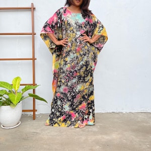 Black w/ Rainbow Tie Dye Boat Neck Kaftan AC-15 ~ Caftans For Women, Plus Size Clothing, Womens Summer Dresses, Beach Caftan, Cocktail Wear image 3