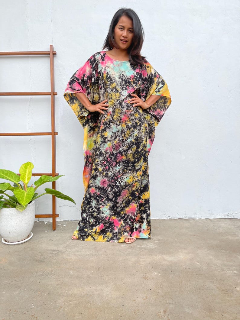 Black w/ Rainbow Tie Dye Boat Neck Kaftan AC-15 ~ Caftans For Women, Plus Size Clothing, Womens Summer Dresses, Beach Caftan, Cocktail Wear image 3