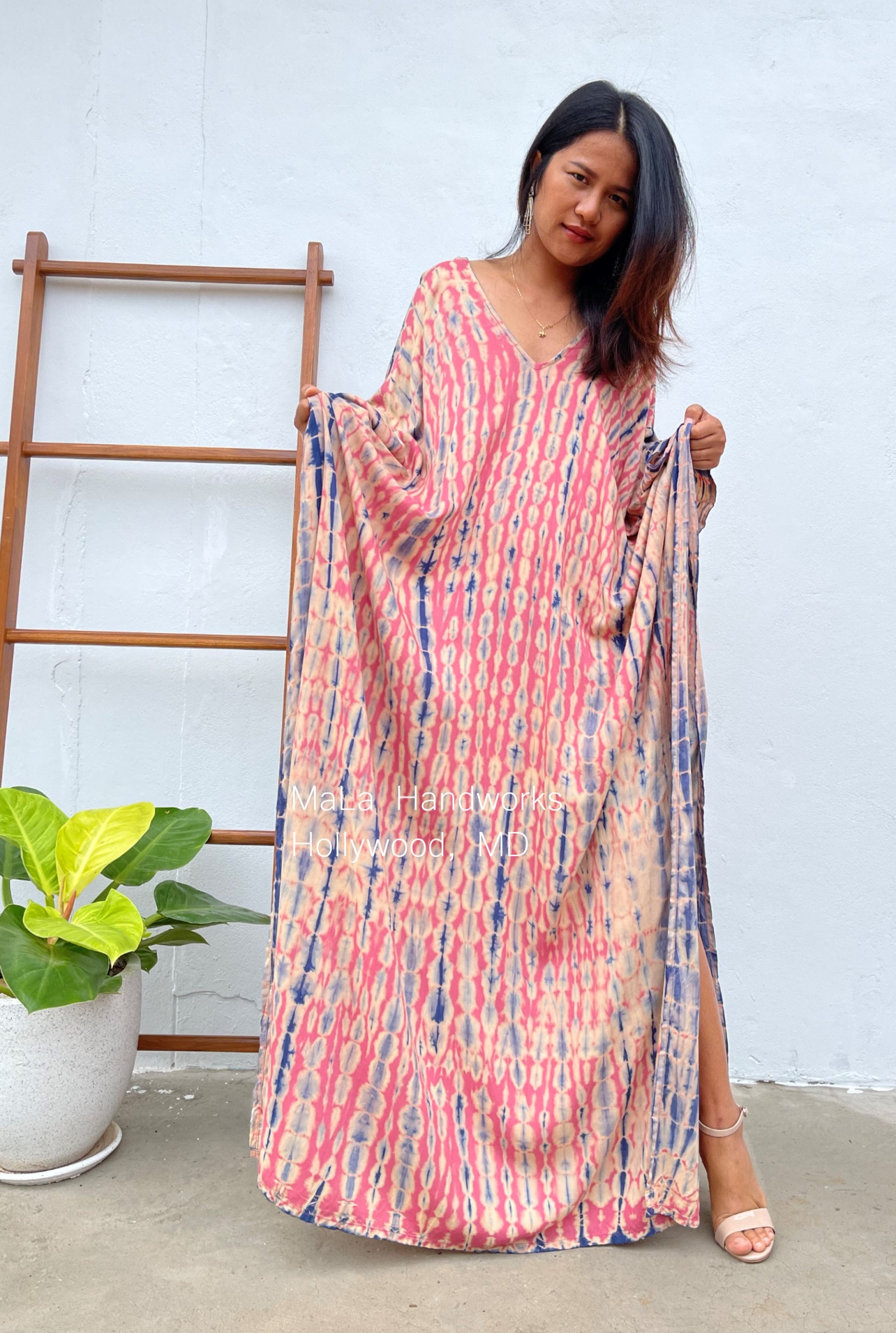 A-28 Pink w/ Blue Tie Dye Kaftan, caftan, beach, resort, vacation, cr…