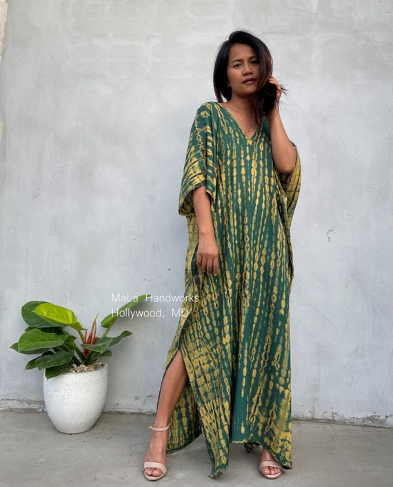 Tie Dye Plus Size Caftan Dress For Women - V-Neck Moroccan Kaftan With Side Split For Beach & Lounge Wear (Khaki) - View #6