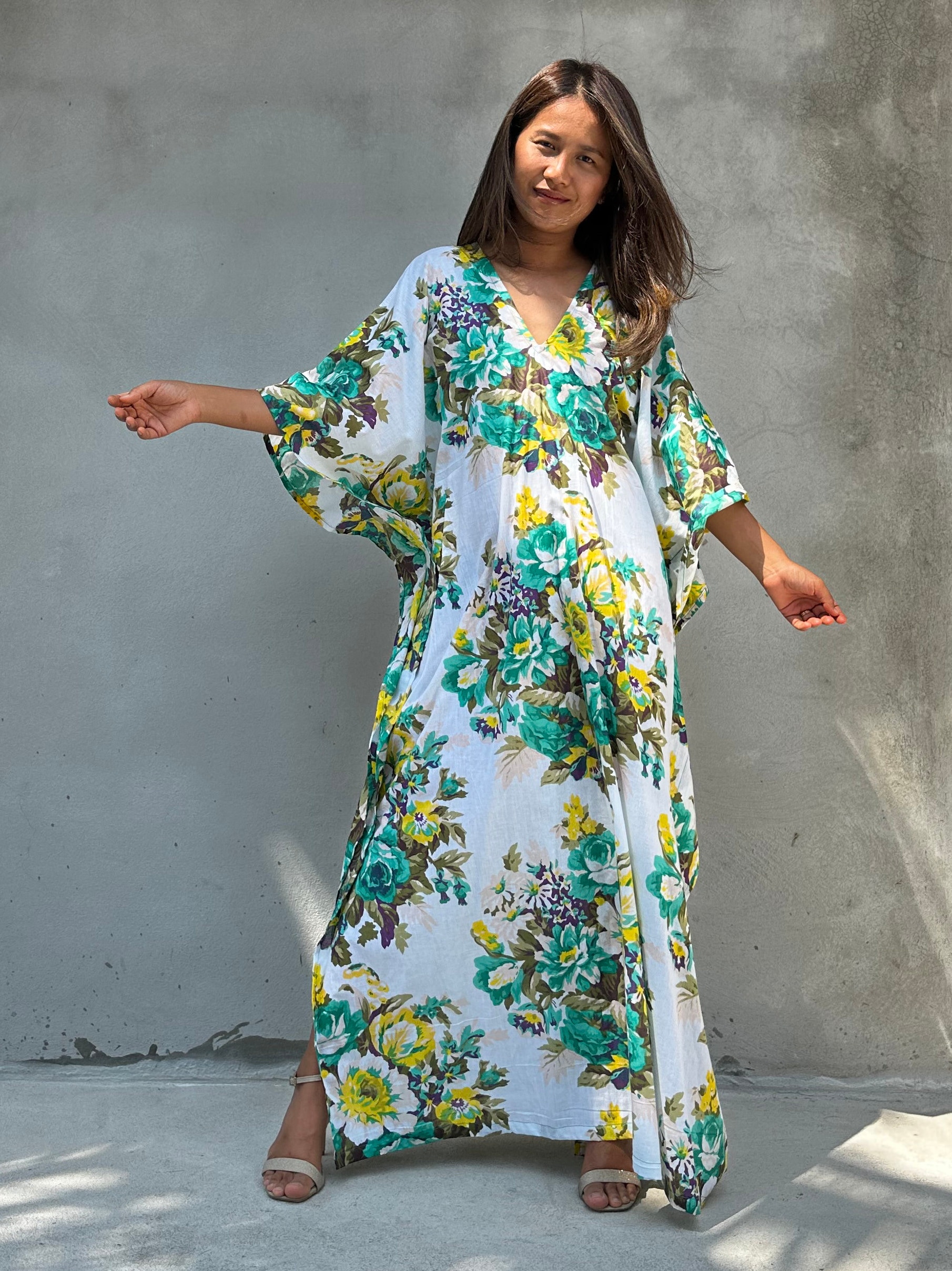 Cotton Flower Print Kaftan E-78 ~ Beautiful Kaftan Dress, Summer Caftan, Mother Of The Bride Dress, Summer Wedding Guest Dress, Cocktail