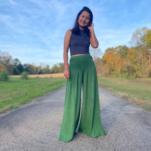 Pine Green Bogo Pants V-11 ~ Wide Leg Pants, Double Gauze Palazzo Pants, Burning Man Clothing Women, Lounge Pants, Festival Outfit, One size