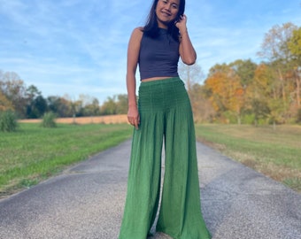 Pine Green Bogo Pants V-11 ~ Wide Leg Pants, Double Gauze Palazzo Pants, Burning Man Clothing Women, Lounge Pants, Festival Outfit, One size
