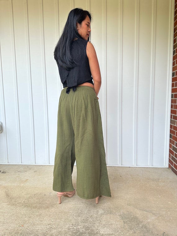 Olive Wide Leg Pants VV 5 Burning Man Clothing Double Gauze Cotton Pants Palazzo Pants Festival Outfit Beach Pants One Size Fit Etsy