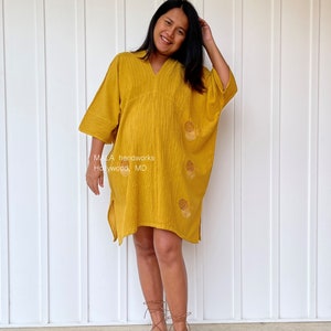 M-7 Yellow Midi dress, Hand embroidered dress, Karen dress, One size fit dress, Kimono style dress