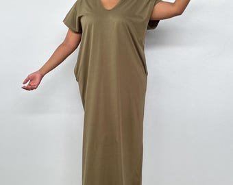Alisa Cotton jerseys tie dye Lounge Dress, Moroccan Caftan, Womens Dressing Gown, V Neck Dress, T shirt Dress With Pockets