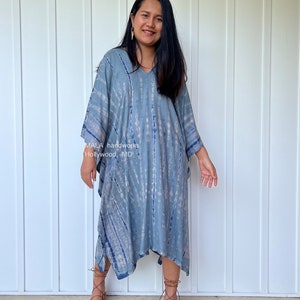 FR-13 Gray w/ Blue tie dye Midi Kaftan, Midi dress, Tunic Beach wear,Lounge wear, Beach wear tunic, Summer dress, Resort wear, Resort kaftan