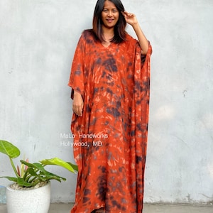 Dark Orange w/ Black Tie Dye Kaftan A-19 ~ Moroccan Kaftan, Plus Size Dress, Resort Wear, Cruise Vacation Gown, Womens Clothing Dresses