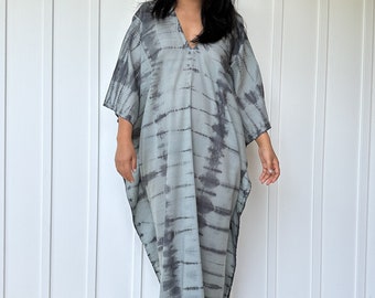 O-49 Gray and Black Cotton Semi sheer hand Tie Dye Kaftan Dress, Lounge Resort Beach wear, Light breathable cotton kaftan dress