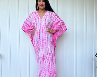O-43 Cotton Semi sheer White w/ Fuchsia hand Tie Dye Kaftan Dress, Lounge Resort Beach wear, Light breathable cotton kaftan dress
