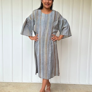 U-3-1 Midi cotton dress, hand painted fabric pattern, natural dye, One of a kind