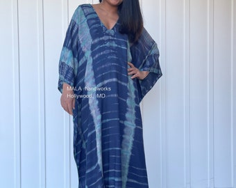 Blue with Green Teal Tie Dye Kaftan A-112  dress  Vacation kaftan  House wear dress  Hand tie dyed  Art wear dress  Summer kaftan  Length