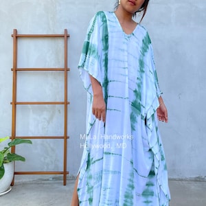 Mala White w/ Green Tie Dye Kaftan ~ Beach Kaftan by MALAHANDWORKS, Summer Style Caftan, Womens Clothing, Maxi Vacation Dress, Plus Size