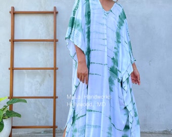 A-31 White w/ Green Tie Dye Kaftan, Summer party dress,Beach wear, Tie dye dress, Vacation dress,Maxi dress, Resort wear, Slow fashion