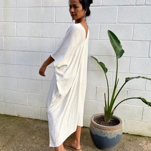 DS-2 Ivory White Midi Double Gauze Cotton Kaftan One size plus M-3XL, Double gauze cotton dress, Beach wear, Homedress, White dress, Roomy image 5