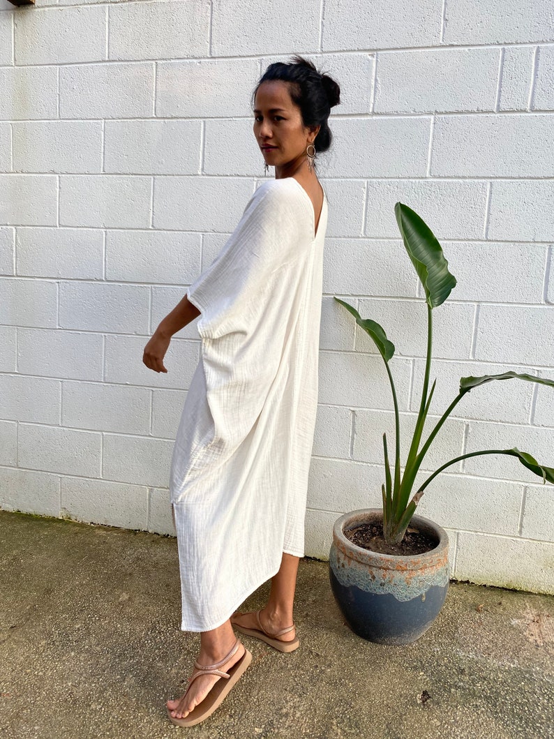 DS-2 Ivory White Midi Double Gauze Cotton Kaftan One size plus M-3XL, Double gauze cotton dress, Beach wear, Homedress, White dress, Roomy image 5