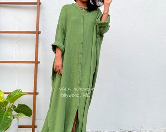 PL-10 Green Double Gauze Shirtdress 56&quot;, One size fit most, Unisex, shirt dress, lounge wear, home wear, street wear