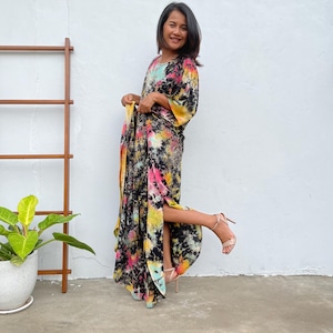 Black w/ Rainbow Tie Dye Boat Neck Kaftan AC-15 ~ Caftans For Women, Plus Size Clothing, Womens Summer Dresses, Beach Caftan, Cocktail Wear image 7