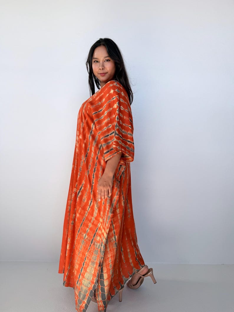 Womens Orange Dresses Tie Dye With Black Kaftan Luxury A-3 Maxi Moroccan Caftan Dress African Dress Plus Size Kaftan Resort Gown image 7