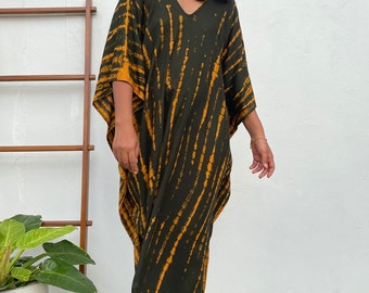 Caftán Mala negro con estampado tie-dye naranja A-62, tallas grandes, ropa de estar por casa y pijamas, ropa de crucero, vestido de resort, vestidos de mujer, caftán