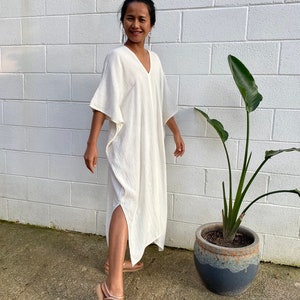 DS-2 Ivory White Midi Double Gauze Cotton Kaftan One size plus M-3XL, Double gauze cotton dress, Beach wear, Homedress, White dress, Roomy image 3