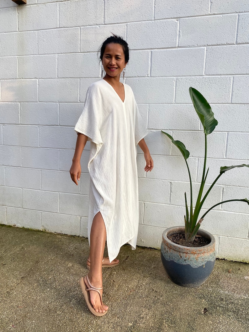 DS-2 Ivory White Midi Double Gauze Cotton Kaftan One size plus M-3XL, Double gauze cotton dress, Beach wear, Homedress, White dress, Roomy image 3