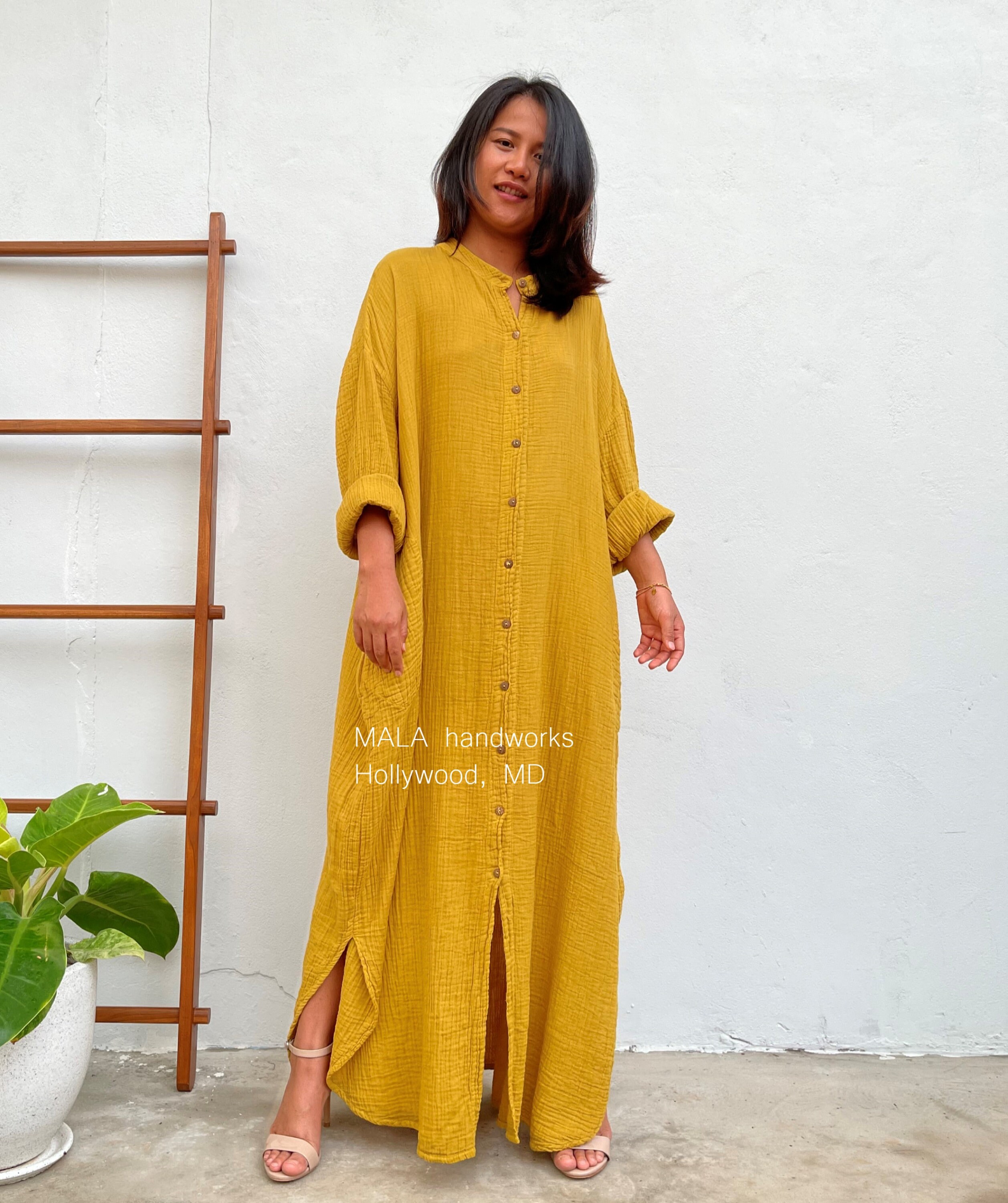 PL-5 Yellow Double Gauze Shirtdress 54", One size fit most, Unisex, shirt dress, home wear, street wear, lounge wear