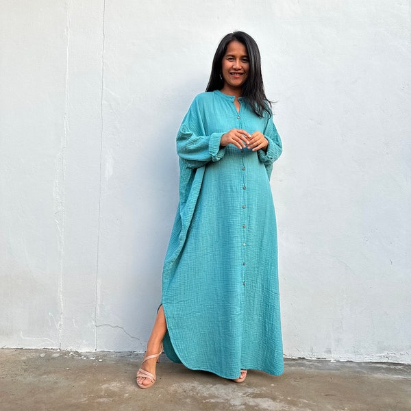 PL-15 Turquoise Double Gauze Shirtdress 56", One size fit most, Unisex, shirt dress, lounge wear, home wear, street wear