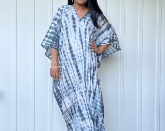 O-44 Cotton Semi sheer White w/ Black hand Tie Dye Kaftan Dress, Lounge Resort Beach wear, Light breathable cotton kaftan dress