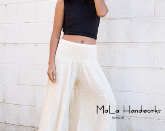 V-2 White Lounge pants, Double gauze pants, Cotton pants, Elastic waist pants, Casual pants, Wide leg pants,One size fit pants