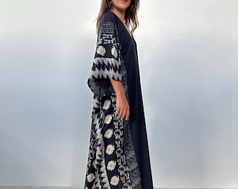 A-201 Black Hand Screened Silky Kaftan Luxury - Beautiful Caftan Dress, Maxi Kaftan Dress, Abaya For Women, African Dress,Resort Wear,Cruise