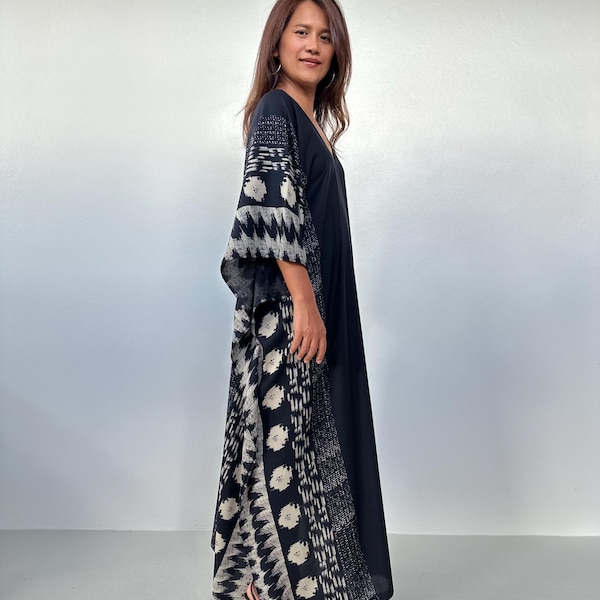 A-201 Black Hand Screened Silky Kaftan Luxury