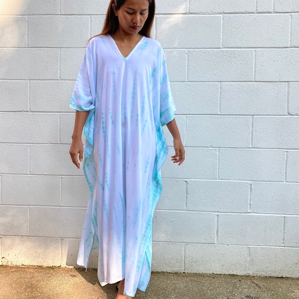 N-16 White w/ Light Green Tie Dye Kaftan, caftan, beach, resort, vacation, cruise, pool, party, lounge, home, work at home