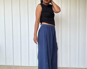 VV-6 Indigo Lounge Hose, Doppel Gaze Hose, Baumwollhose, Elastische Taille Hose, Freizeithose, Hose mit weitem Bein, Einheitsgröße Hose