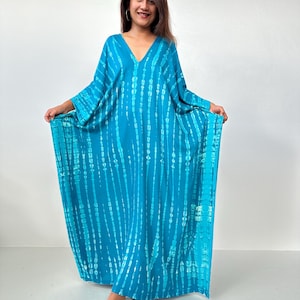 A-99 Teal Aqua Blue w/ Off White Tie Dye Kaftan, Moroccan Caftan For Women, Beach Cover Up, Bali Holiday Dress, Luxury Resort Wear,Plus Size