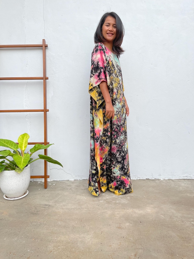 Black w/ Rainbow Tie Dye Boat Neck Kaftan AC-15 ~ Caftans For Women, Plus Size Clothing, Womens Summer Dresses, Beach Caftan, Cocktail Wear image 8