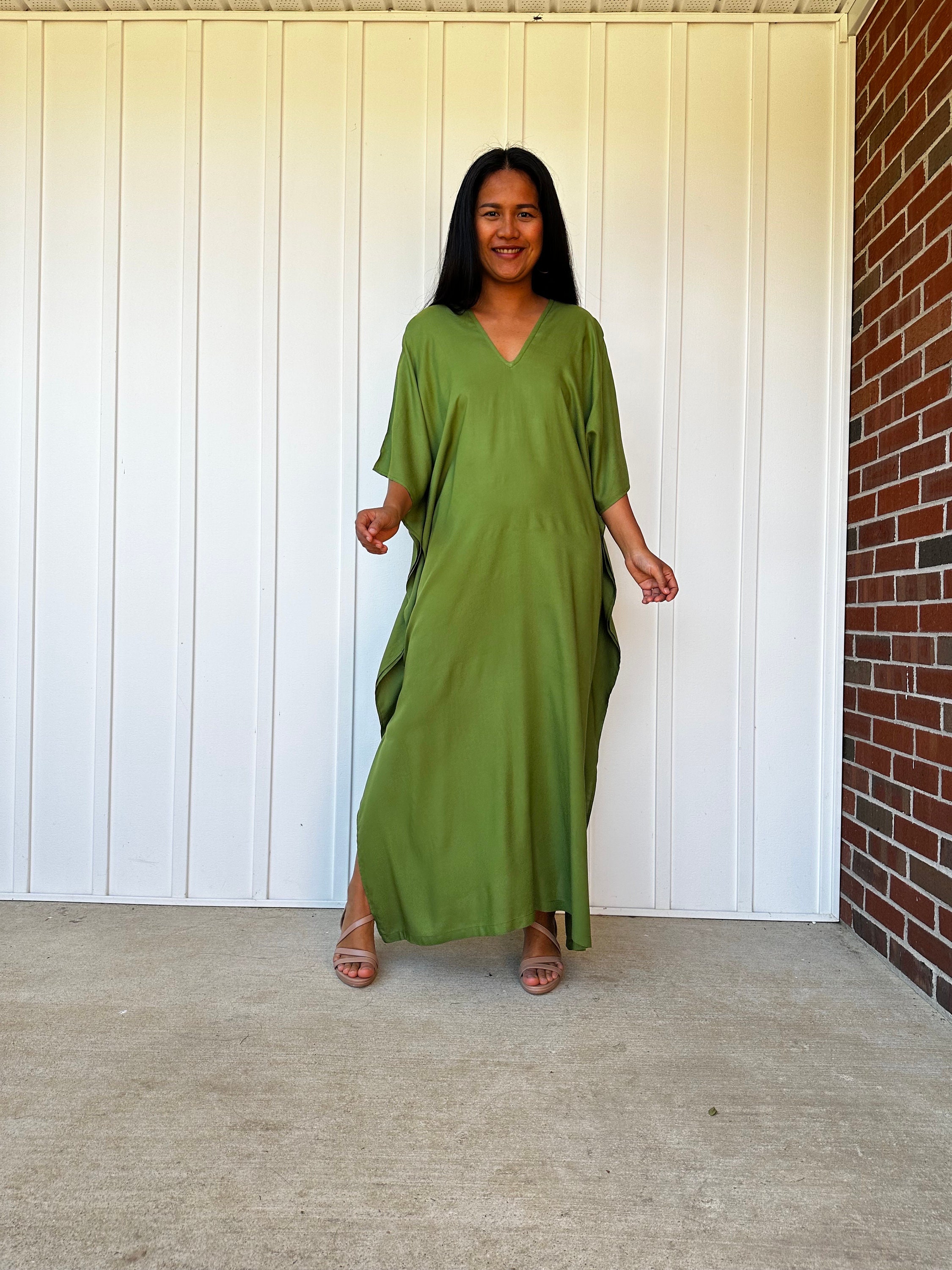 olive green kaftan dress Olive Green Sequin Georgette Printed Kaftan Dress Design by Verb by Pallavi  Singhee at Pernia's Pop Up Shop 2026