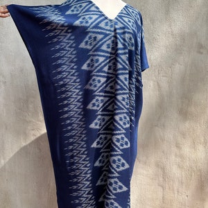 Indigo Ikat kaftan, Ikat caftan dress, woven dress, woven fabric, indigo dye yarn