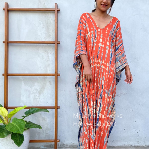 Orange With Blue Tie Dye Kaftan Dress For Women A-54 ~ Plus Size Caftan, Summer Kaftan Luxury, Beach Cover Up, Cruise Wear, Moroccan Kaftan