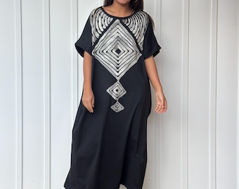Black Cotton Jersey Kaftan, Hand Batik Tie-Dye Lounge Sleepwear