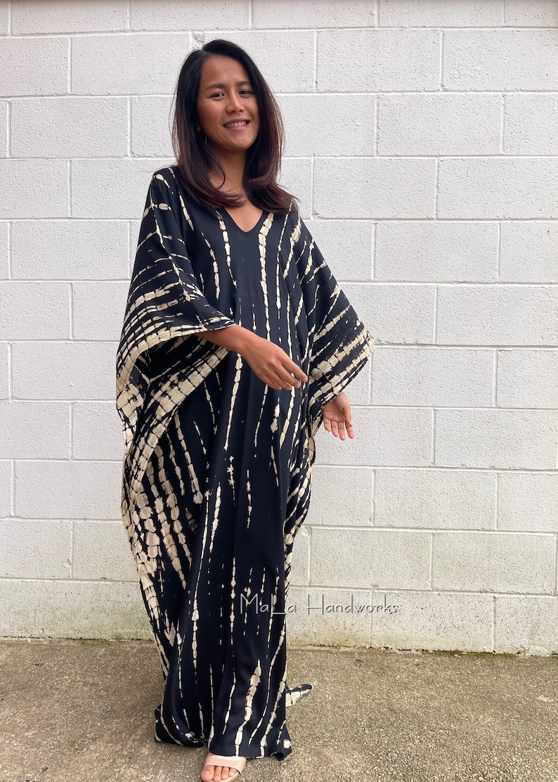 A-1 Black Tie Dye Kaftan, caftan, Tie dye dress, Resort wear, cruise, Lounge wear, Slow fashion, One size plus dress,Home wear, Length image 6