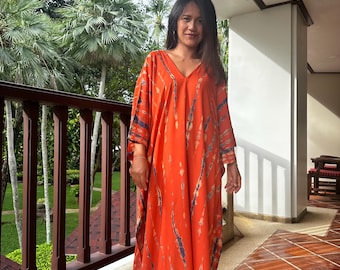 Orange With Blue Tie Dye Silky Kaftan Dress For Women A-54   African Kaftan  Plus Size Beach Caftan  Tropical Vacation Gown  Moroccan Kaftan