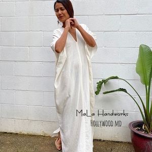 DS-2 Ivory White Midi Double Gauze Cotton Kaftan Luxury One Size Plus M-3XL, Beach Cover Up, White Cruise Dress, Resort Wear, Sundress