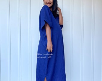 DP-10 Indigo Blue Double Gauze Kaftan - One size fits most- cotton kaftan, Length option