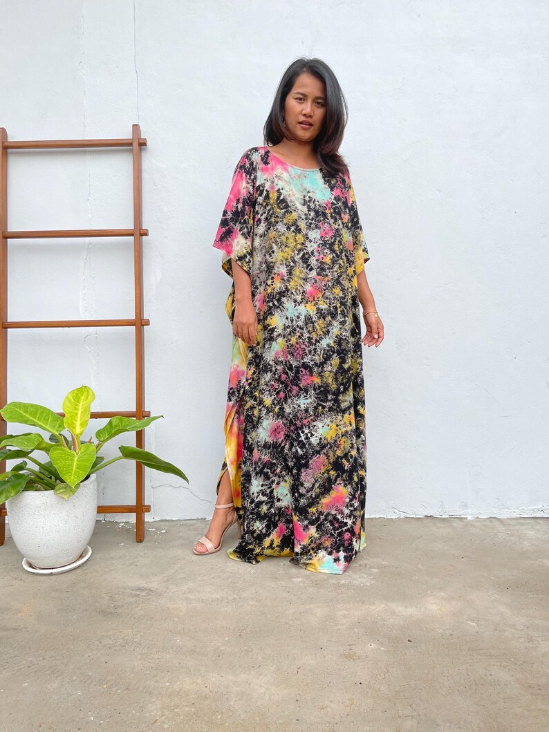 Black w/ Rainbow Tie Dye Boat Neck Kaftan AC-15 ~ Caftans For Women, Plus Size Clothing, Womens Summer Dresses, Beach Caftan, Cocktail Wear image 4