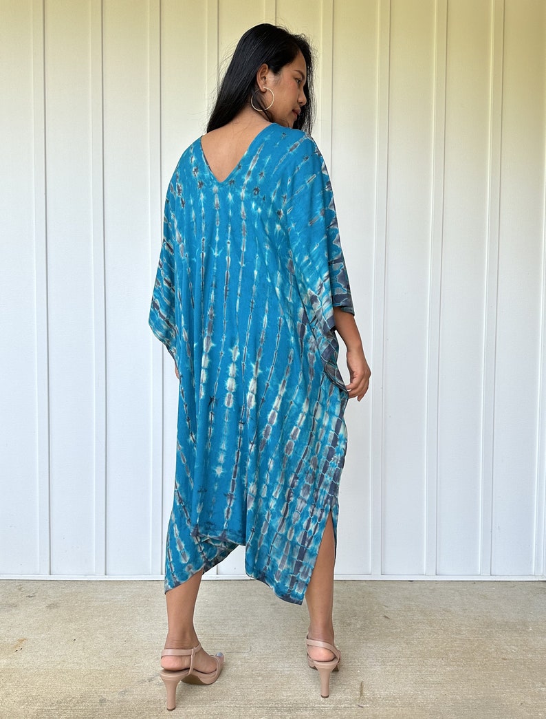 FR-26 Blue Teal tie dye Midi Kaftan, Midi dress, Tunic Beach wear, Lounge wear, Beach wear tunic, Summer dress, Resort wear, Resort kaftan image 4