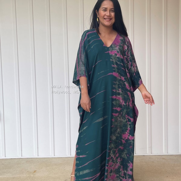 Green Tie Dye With Fuchsia Kaftan A-78 ~  Maxi Caftan For Women, Plus Size Clothing, Beach Kaftan, Wedding Guest Dress, Boho Summer Dresses