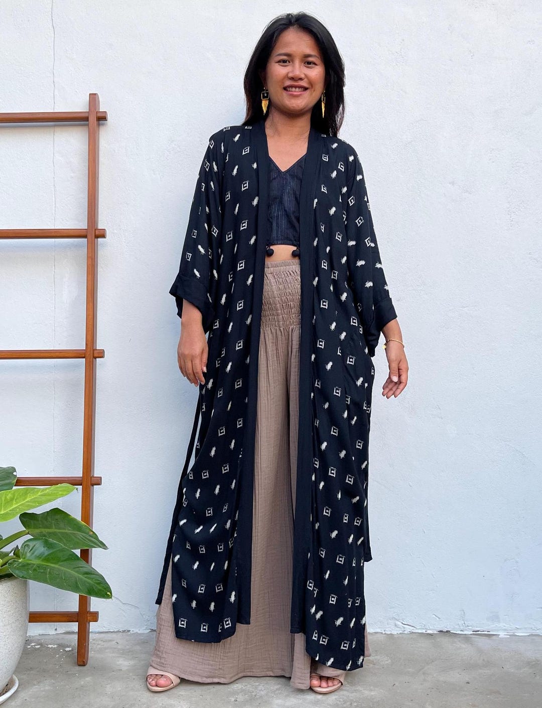 Silk Screen Robe Black With Hand Silkscreen Patterned Robe __-3 ~ Kimono Robe ...