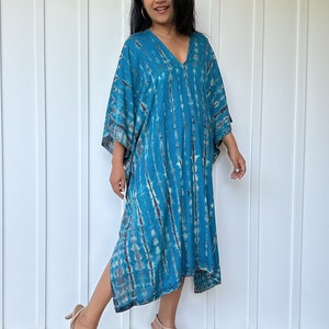 FR-26 Blue Teal tie dye Midi Kaftan, Midi dress, Tunic Beach wear, Lounge wear, Beach wear tunic, Summer dress, Resort wear, Resort kaftan image 7