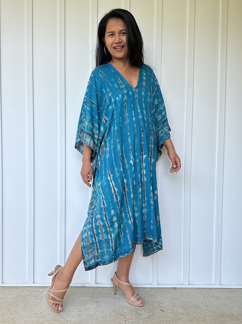 FR-26 Blue Teal tie dye Midi Kaftan, Midi dress, Tunic Beach wear, Lounge wear, Beach wear tunic, Summer dress, Resort wear, Resort kaftan image 7